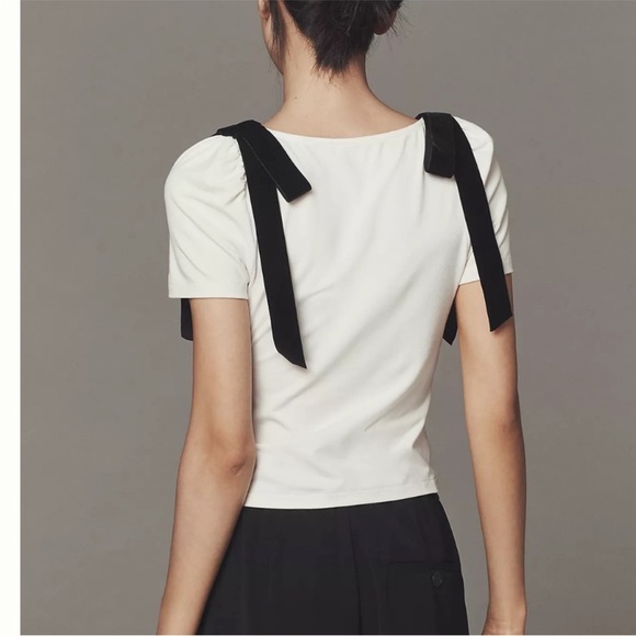 NWT Mare Mare x Anthropologie Black Bow Shoulder White V-Neck Short Sleeve Top - Picture 10 of 16